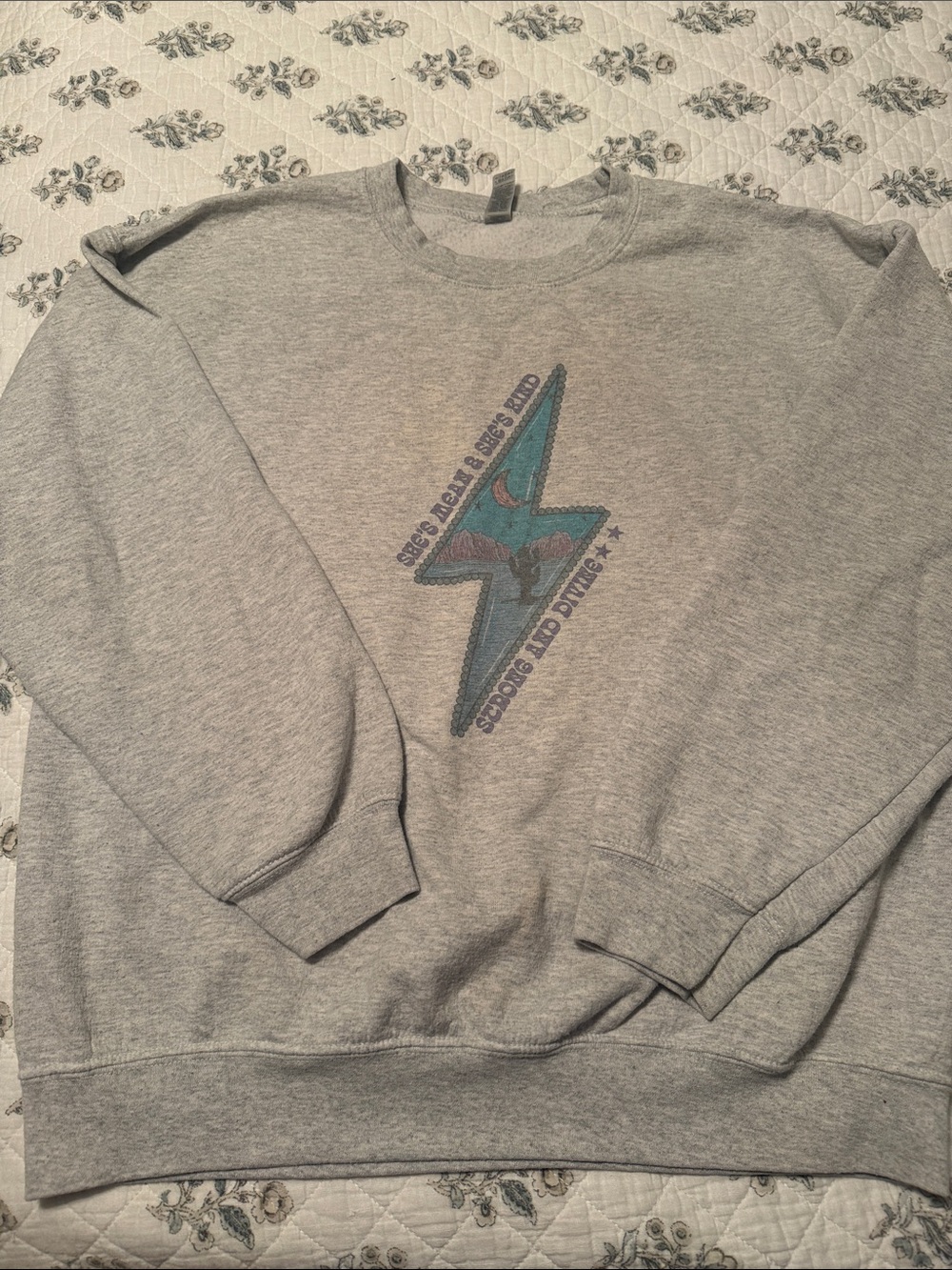 Gildan Gray Crewneck Sweatshirt with Teal and Purple Lightning Graphic